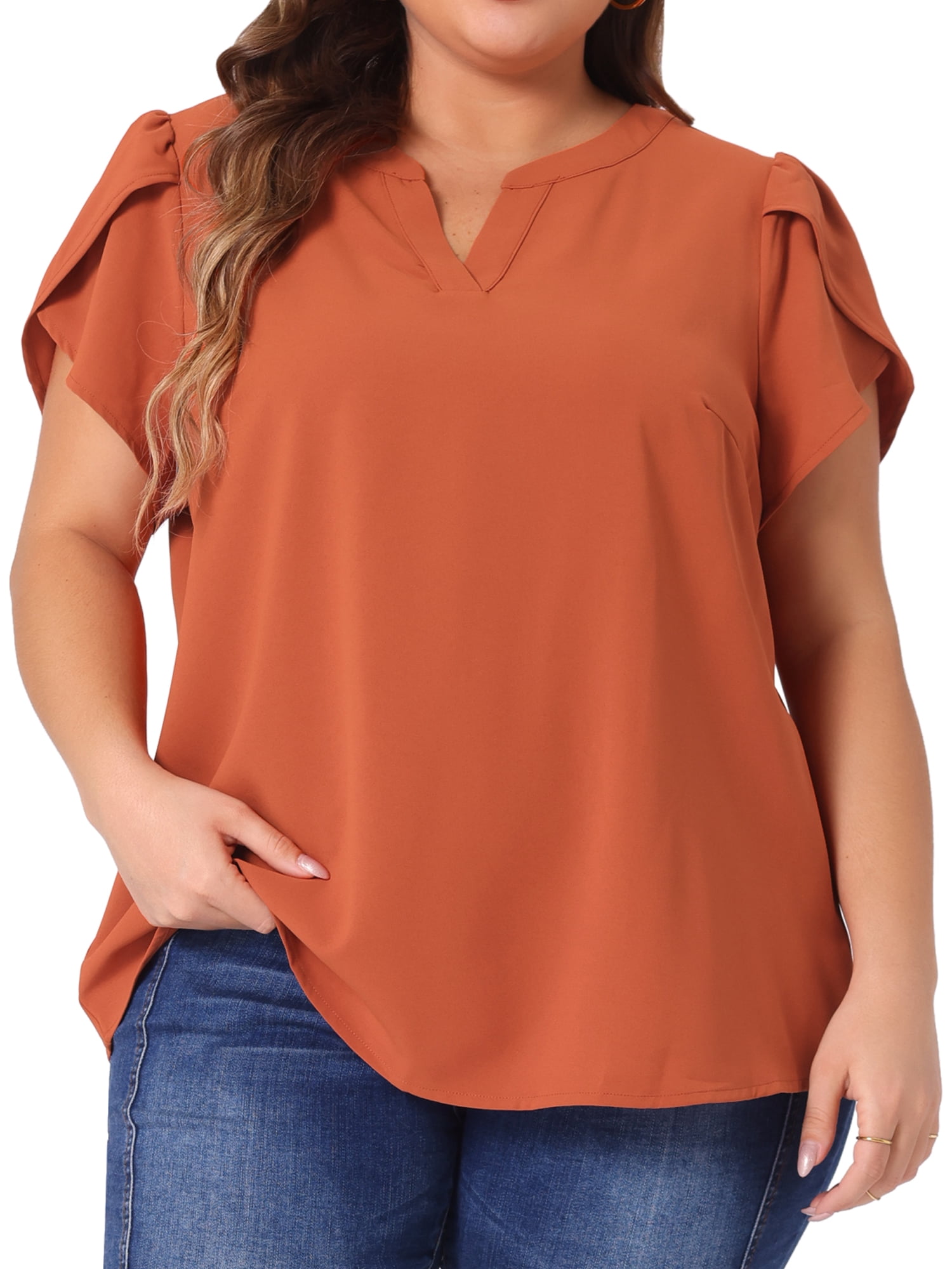 Women's Plus Blouses Notched V Neck Short Petal Sleeve Shirts Casual Dressy Tops 1X Caramel
