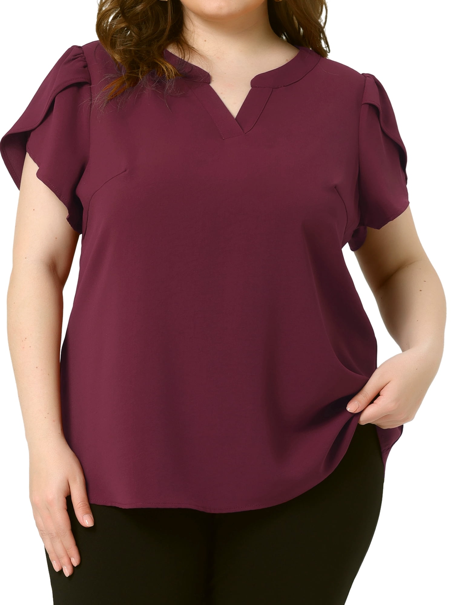 Women's Plus Blouses Notched V Neck Short Petal Sleeve Shirts Casual Dressy Tops 4X Burgundy