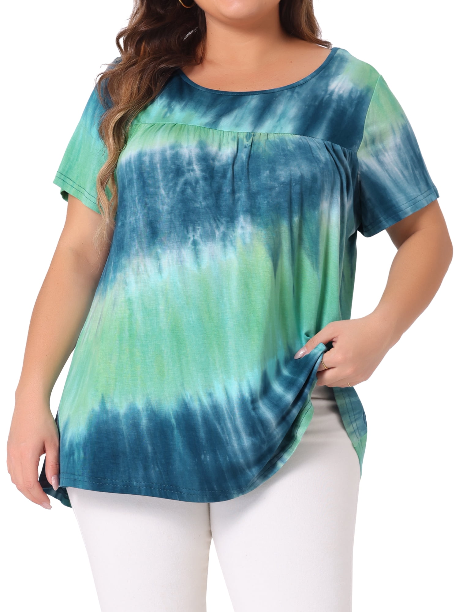 DARING DIVA Women's Plus Pleated Front Casual Blouse 1X Blue Green
