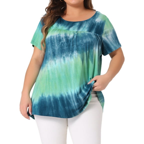 DARING DIVA Women's Plus Short Sleeve Pleated Front Casual Blouse 1X Blue Green