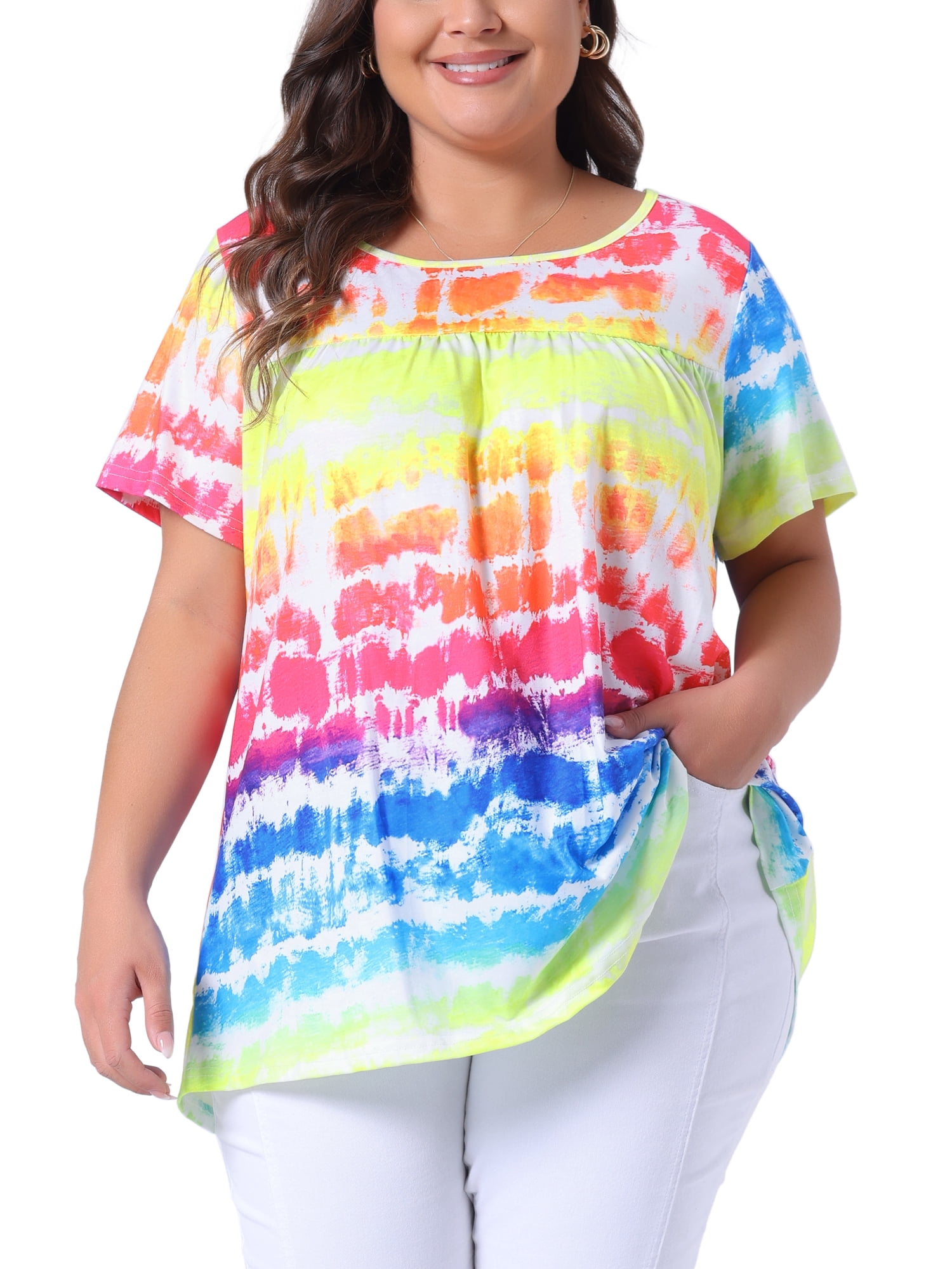 DARING DIVA Women's Plus Pleated Front Casual Blouse 1X Rainbow