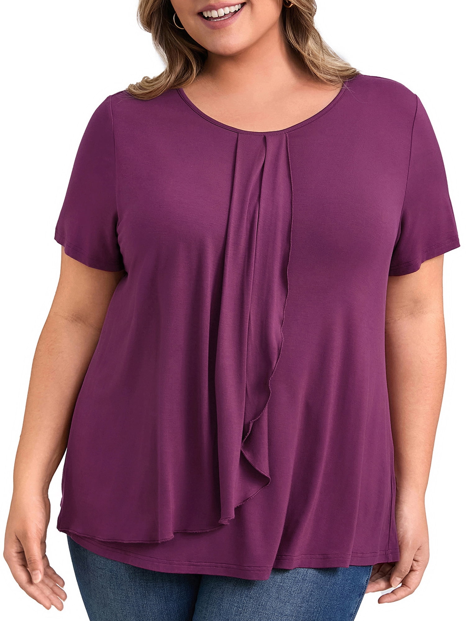 DARING DIVA Women's Plus Short Sleeve Pleated Tulip Hem Casual Top 4X Deep Burgundy