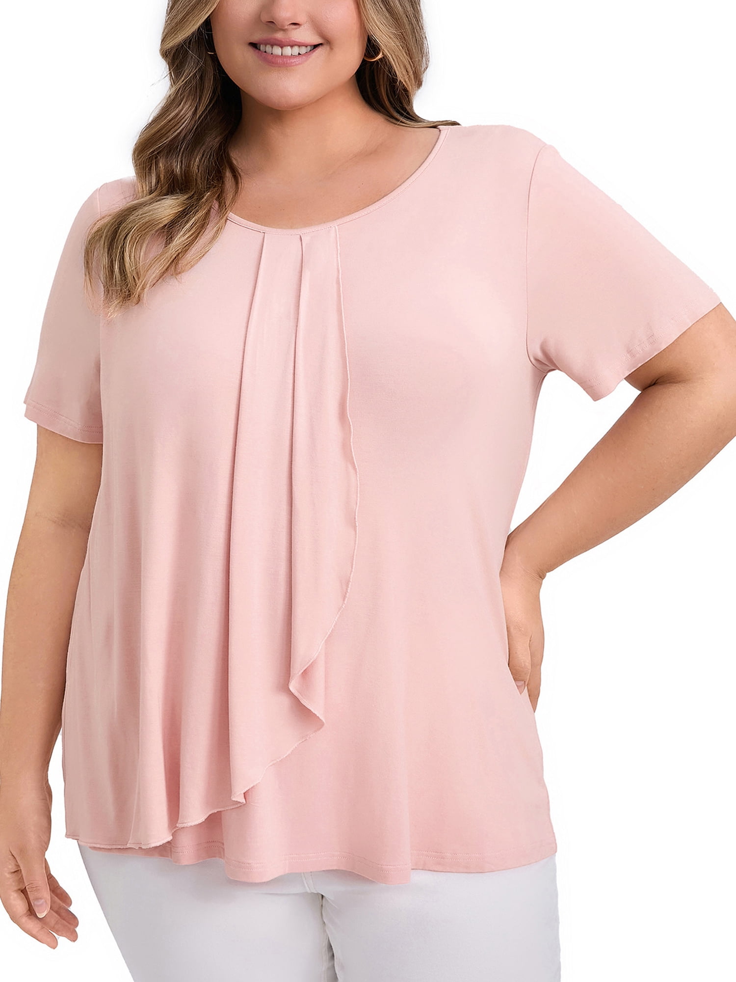 DARING DIVA Women's Plus Short Sleeve Pleated Tulip Hem Casual Top 4X Pink