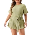thumbnail image 1 of DARING DIVA Women's Plus Short Sleeve Ruffle Front Tie Short Jumpsuits 2X Grass Green, 1 of 6
