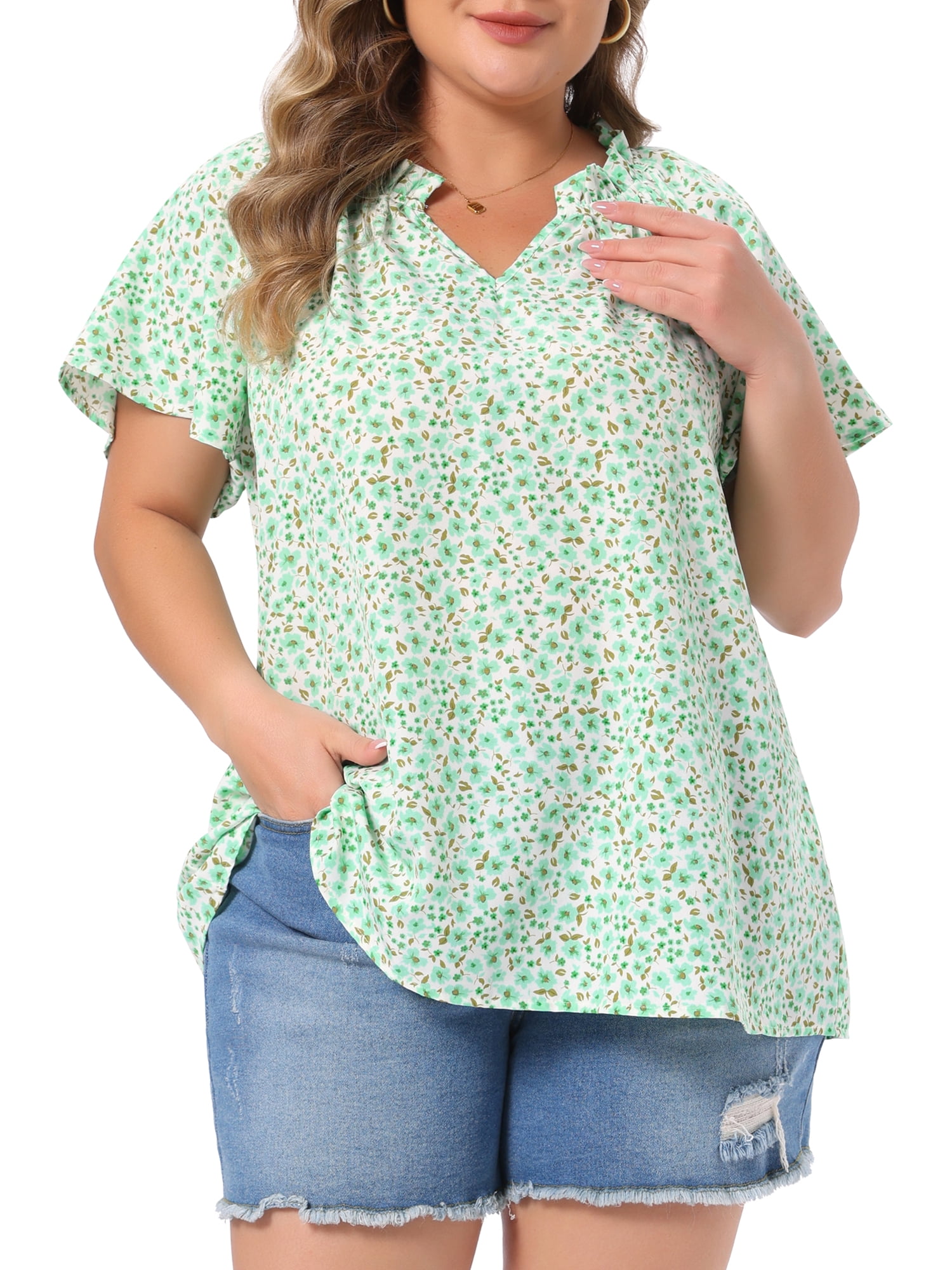 DARING DIVA Women's Plus Short Sleeve Ruffle Notch V Neck Blouse 3X Green