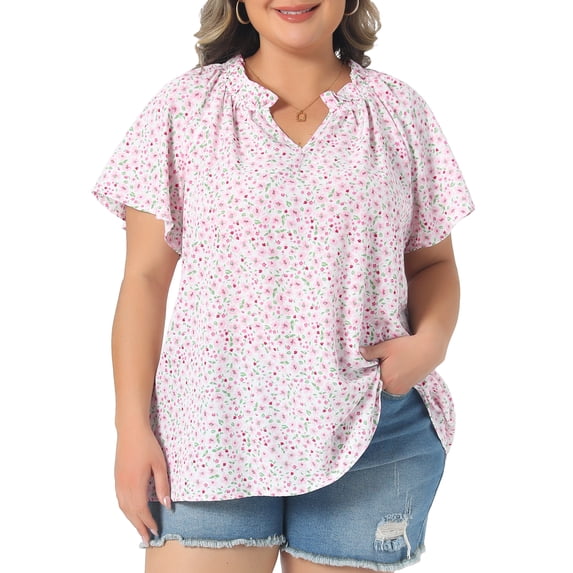 DARING DIVA Women's Plus Short Sleeve Ruffle Notch V Neck Floral Shirt Blouse 1X Pink