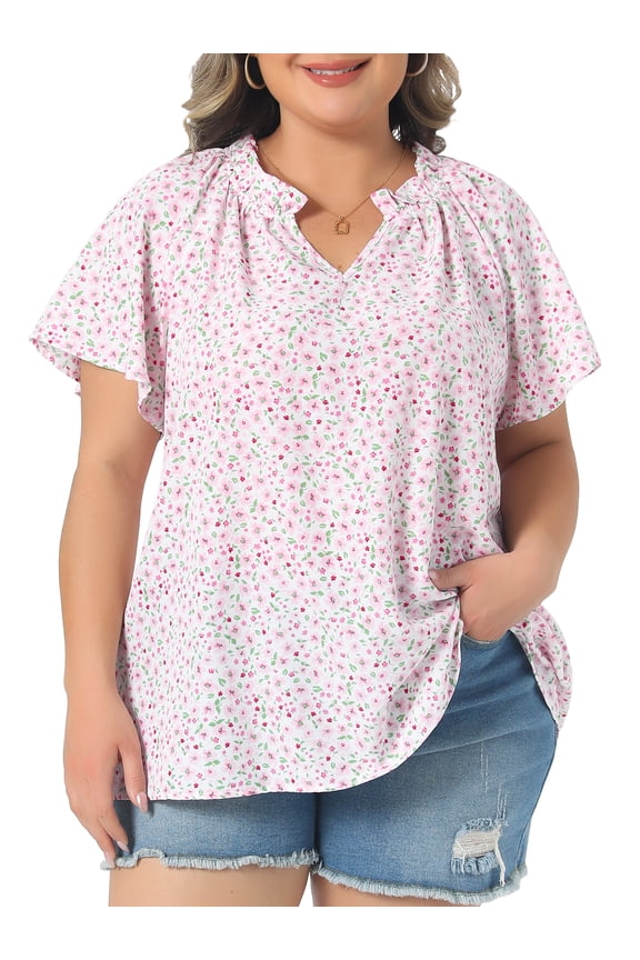 Women's Plus Short Sleeve Ruffle Notch V Neck Floral Shirt Blouse 3X Pink