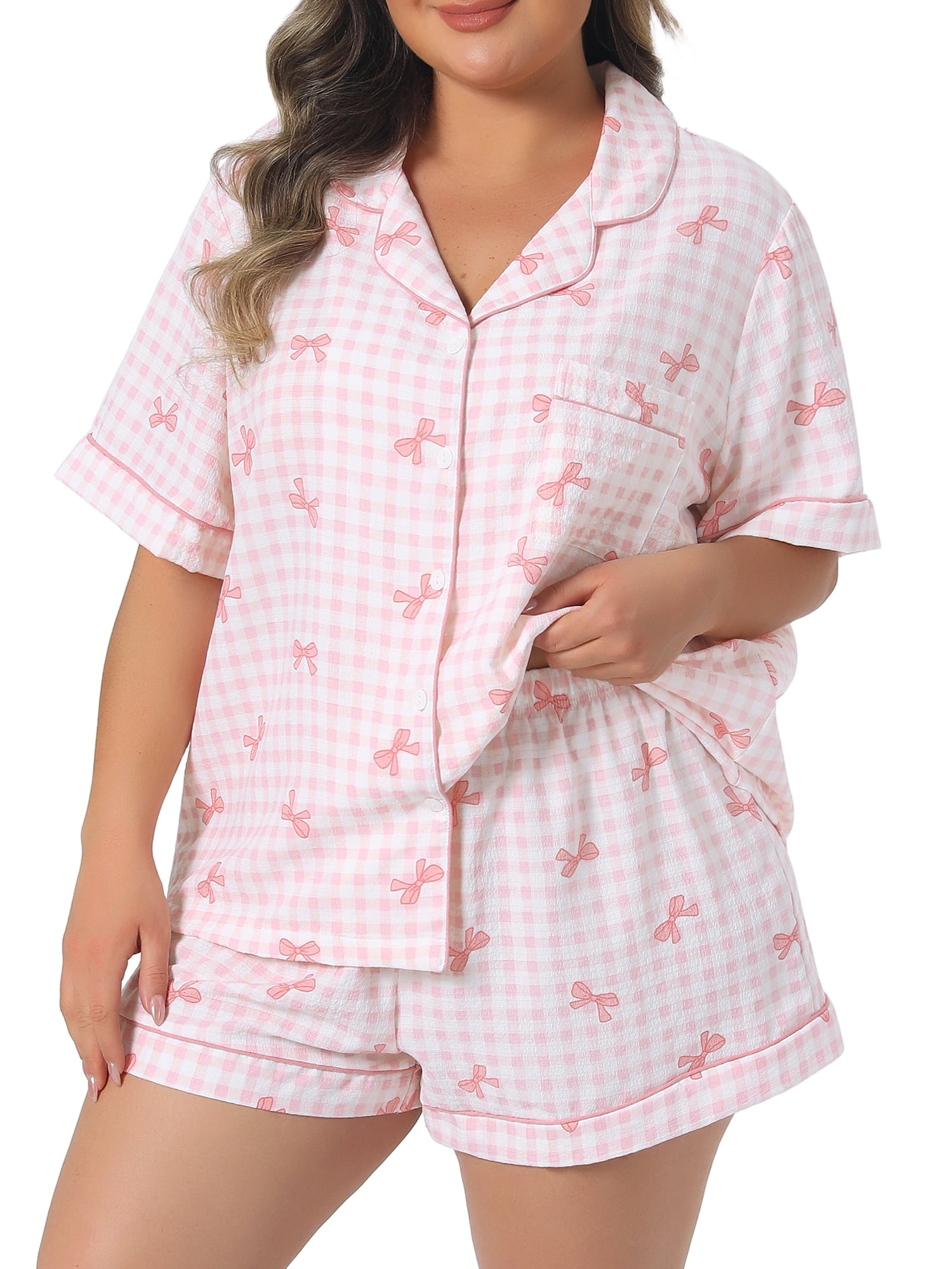 DARING DIVA Women's Plus Short Sleeve Soft Fabric Button Lounge Sets L Pink