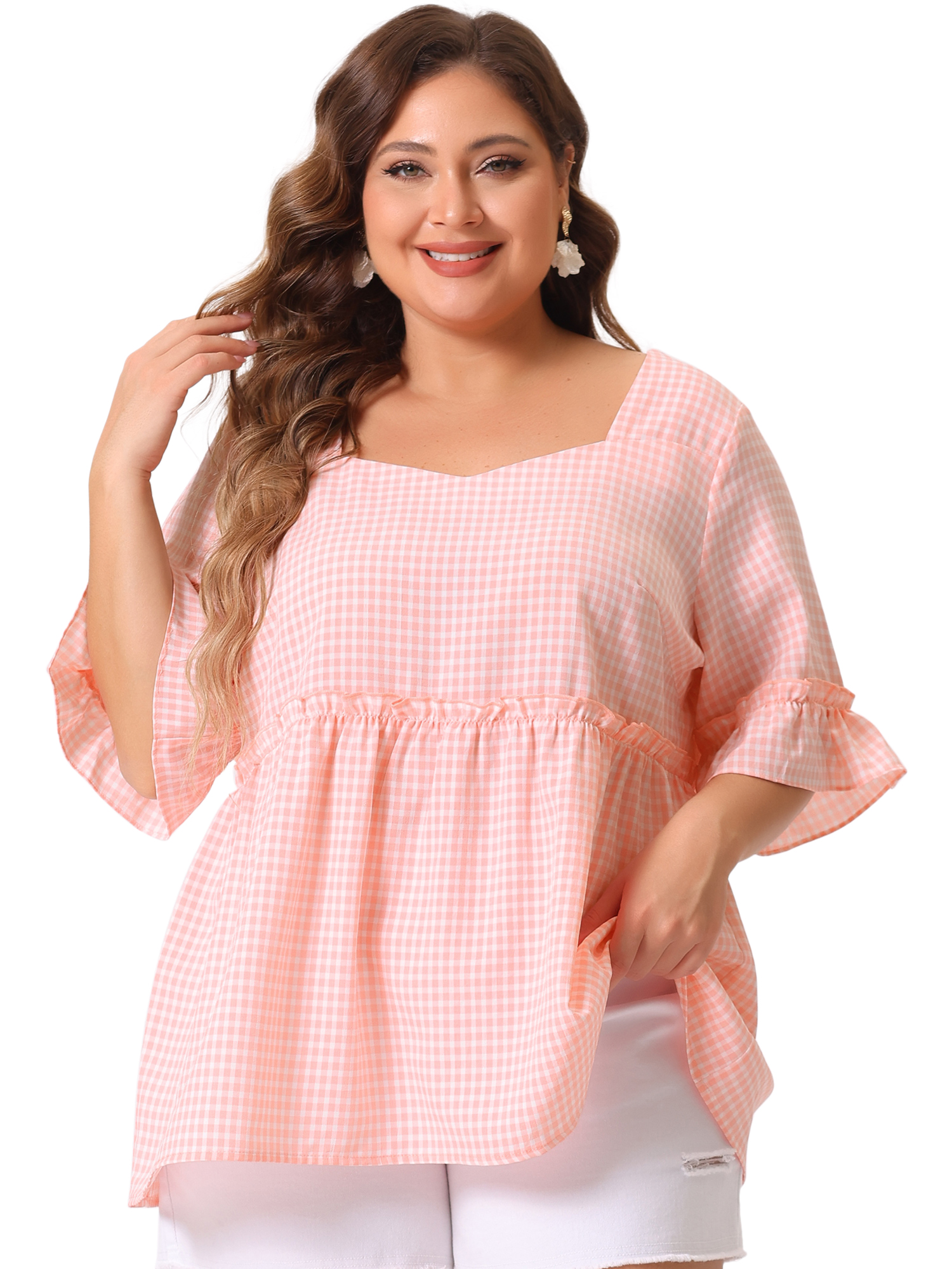 DARING DIVA Women's Plus Size Gingham Sweetheart Neck Ruffle Sleeve Blouse 2X Pink