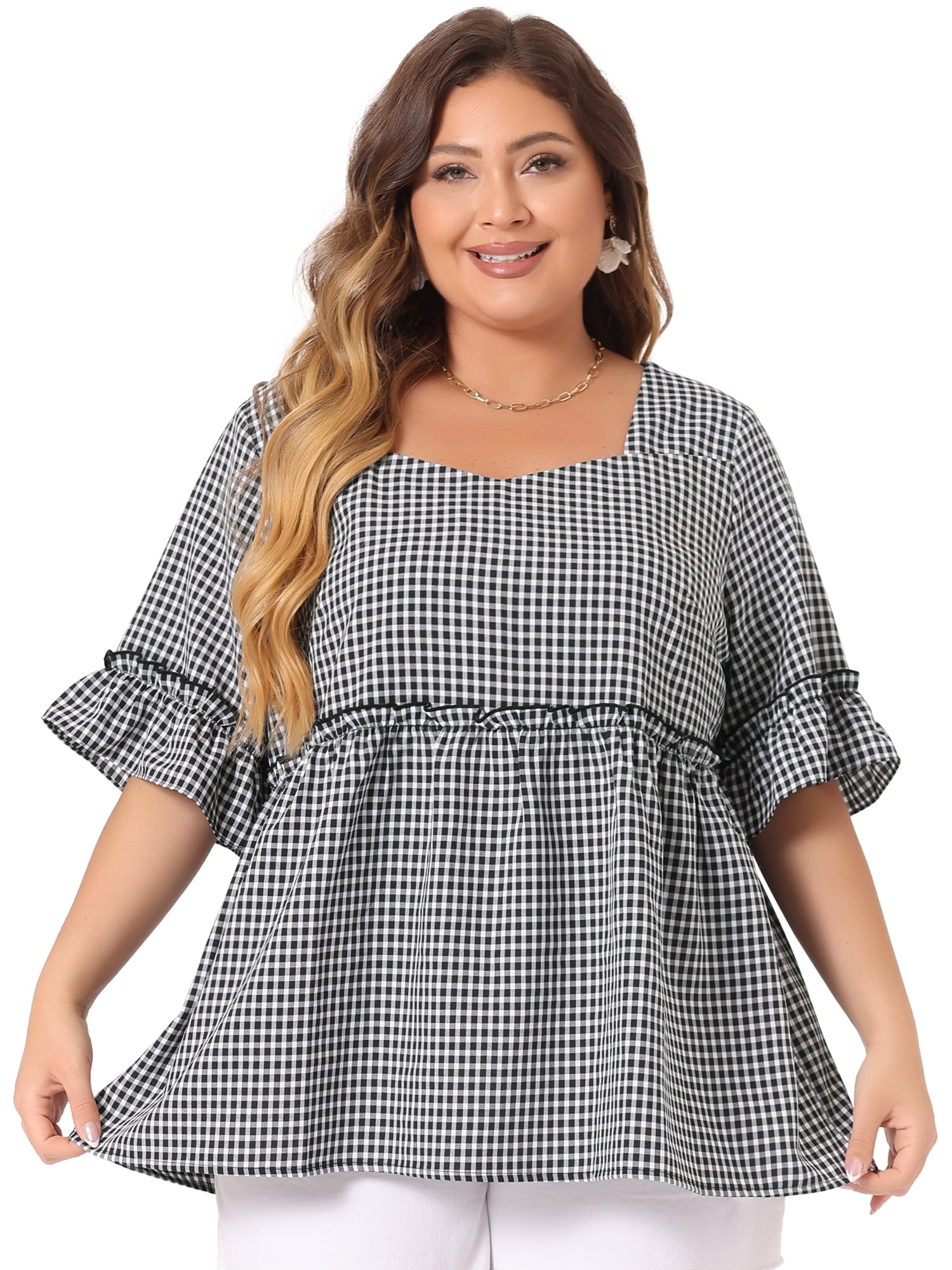 DARING DIVA Women's Plus Size Gingham Sweetheart Neck Ruffle Sleeve Blouse 4X Black
