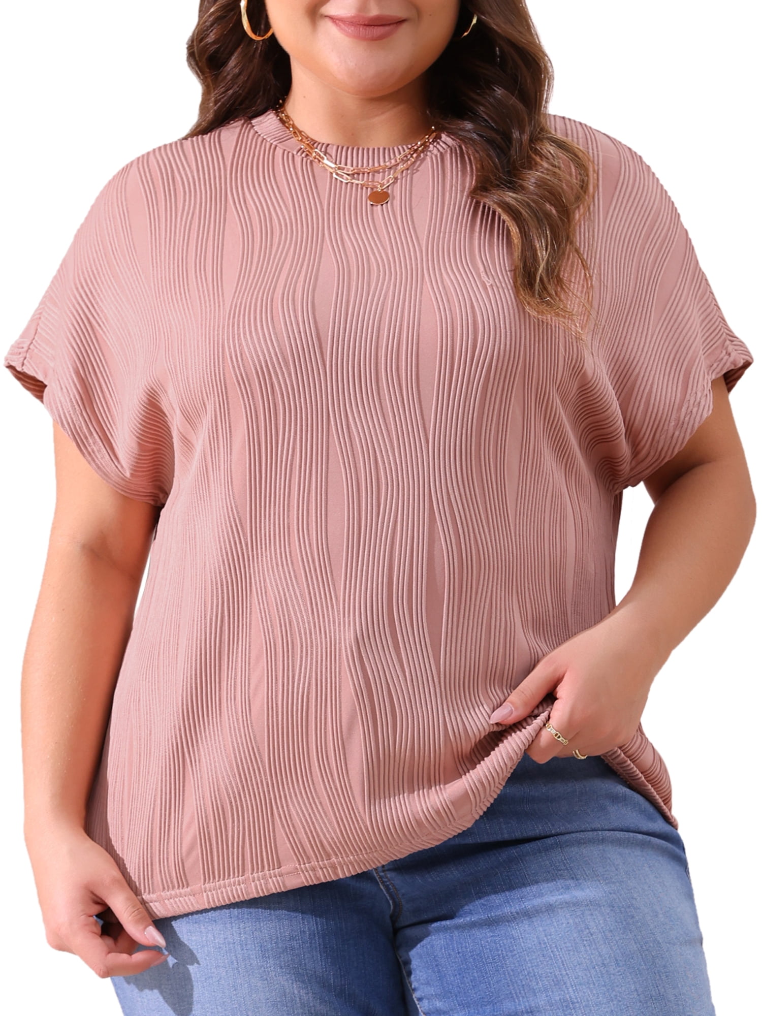 Women's Plus Women's Short Sleeve Textured Tops Crewneck Casual T Shirts 1X Pink