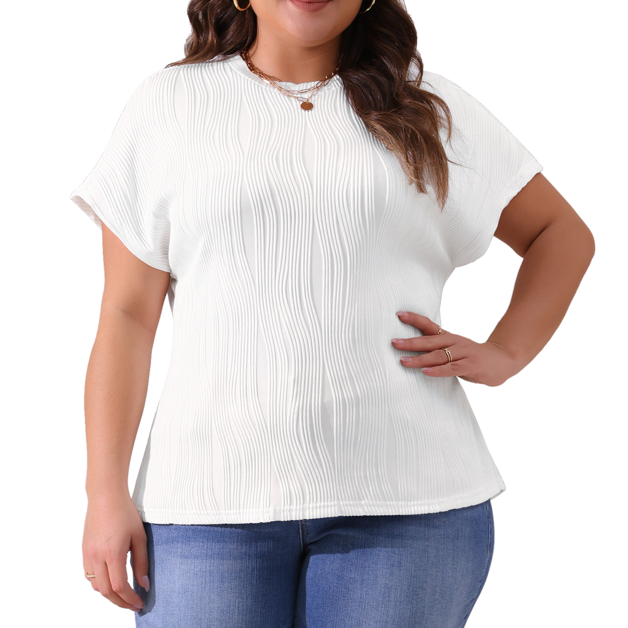 Women's Plus Women's Short Sleeve Textured Tops Crewneck Casual T Shirts 1X White