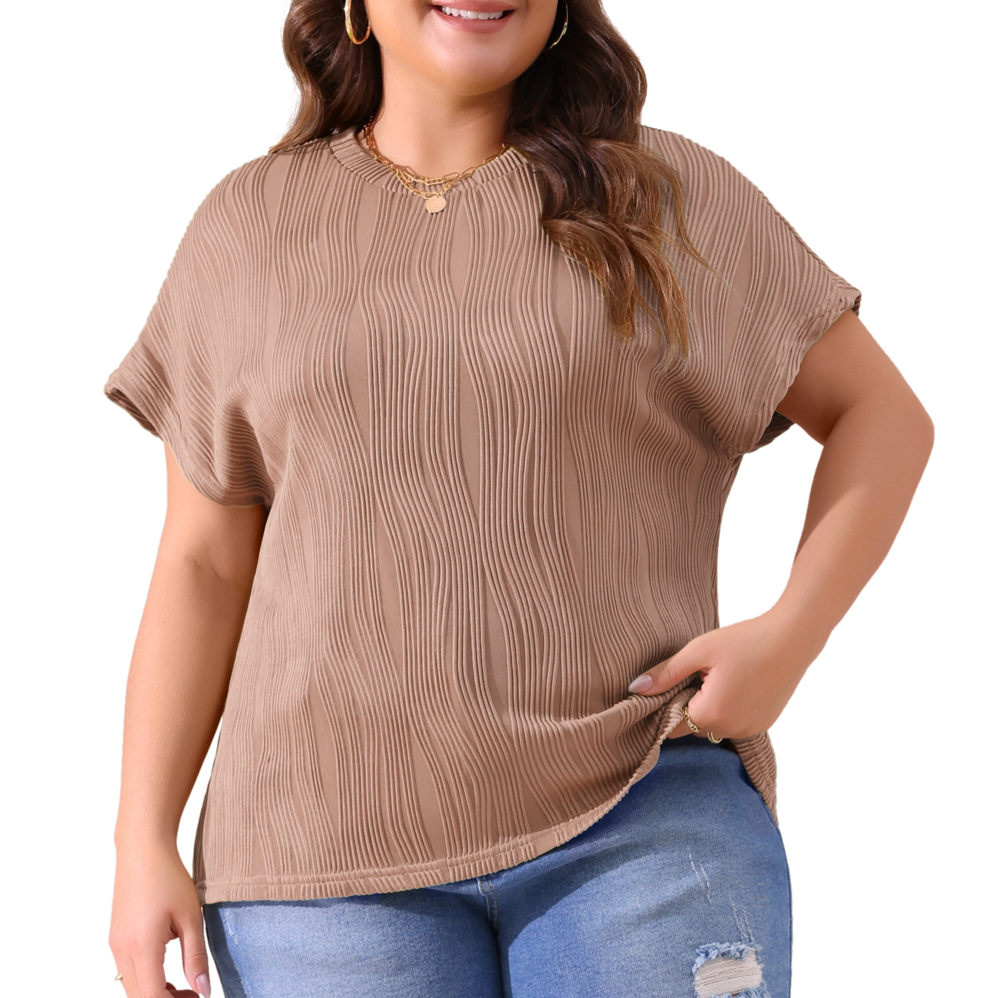 Women's Plus Women's Short Sleeve Textured Tops Crewneck Casual T Shirts 2X Brown