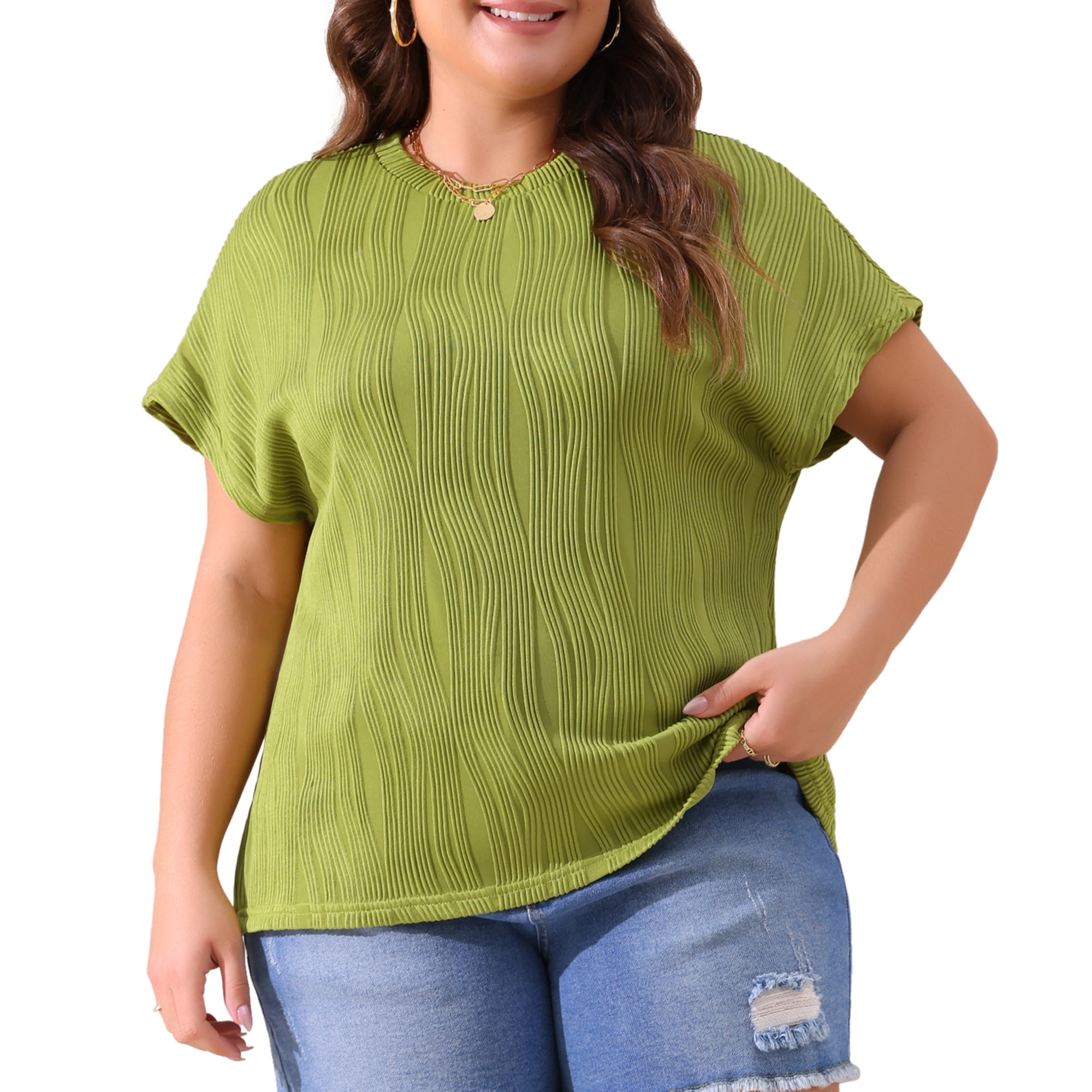 Women's Plus Women's Short Sleeve Textured Tops Crewneck Casual T Shirts 3X Grass Green