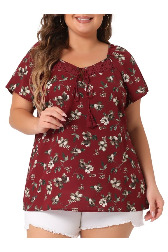 Women's Plus Short Sleeve Tie Neck Floral Casual Blouse 2X Burgundy