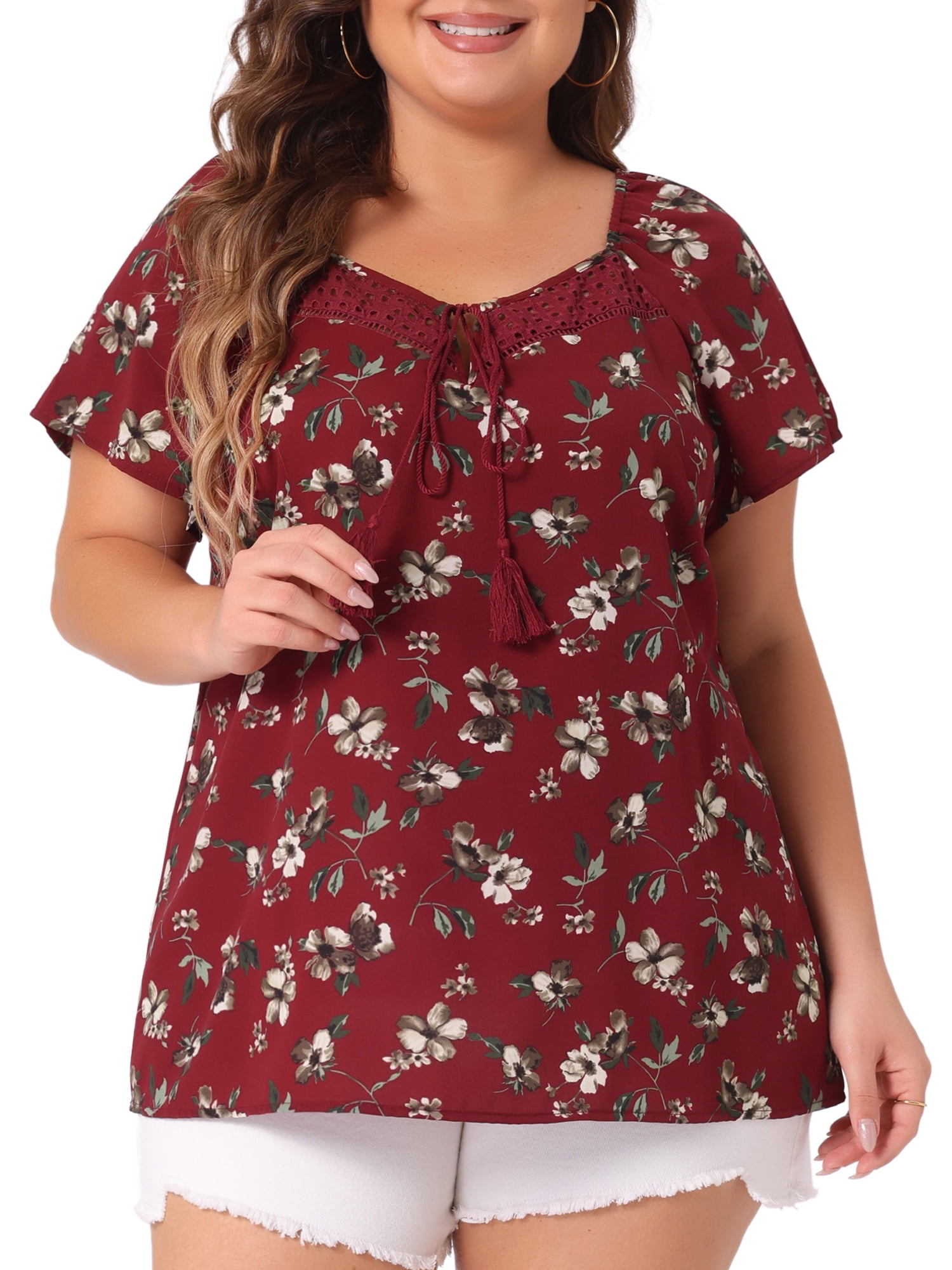 DARING DIVA Women's Plus Short Sleeve Tie Neck Floral Casual Blouse 3X Burgundy