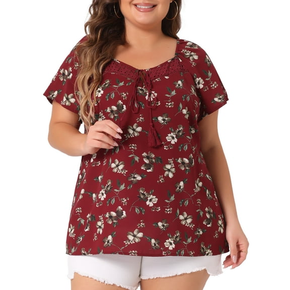 DARING DIVA Women's Plus Short Sleeve Tie Neck Floral Casual Blouse 4X Burgundy