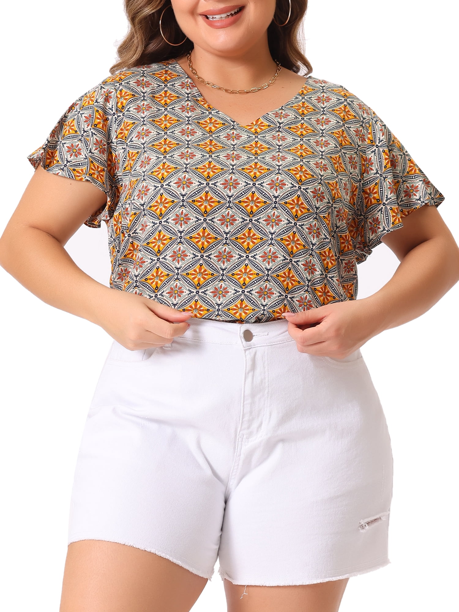 DARING DIVA Women's Plus Short Sleeve V Neck Floral Print Casual Blouse 4X Brown