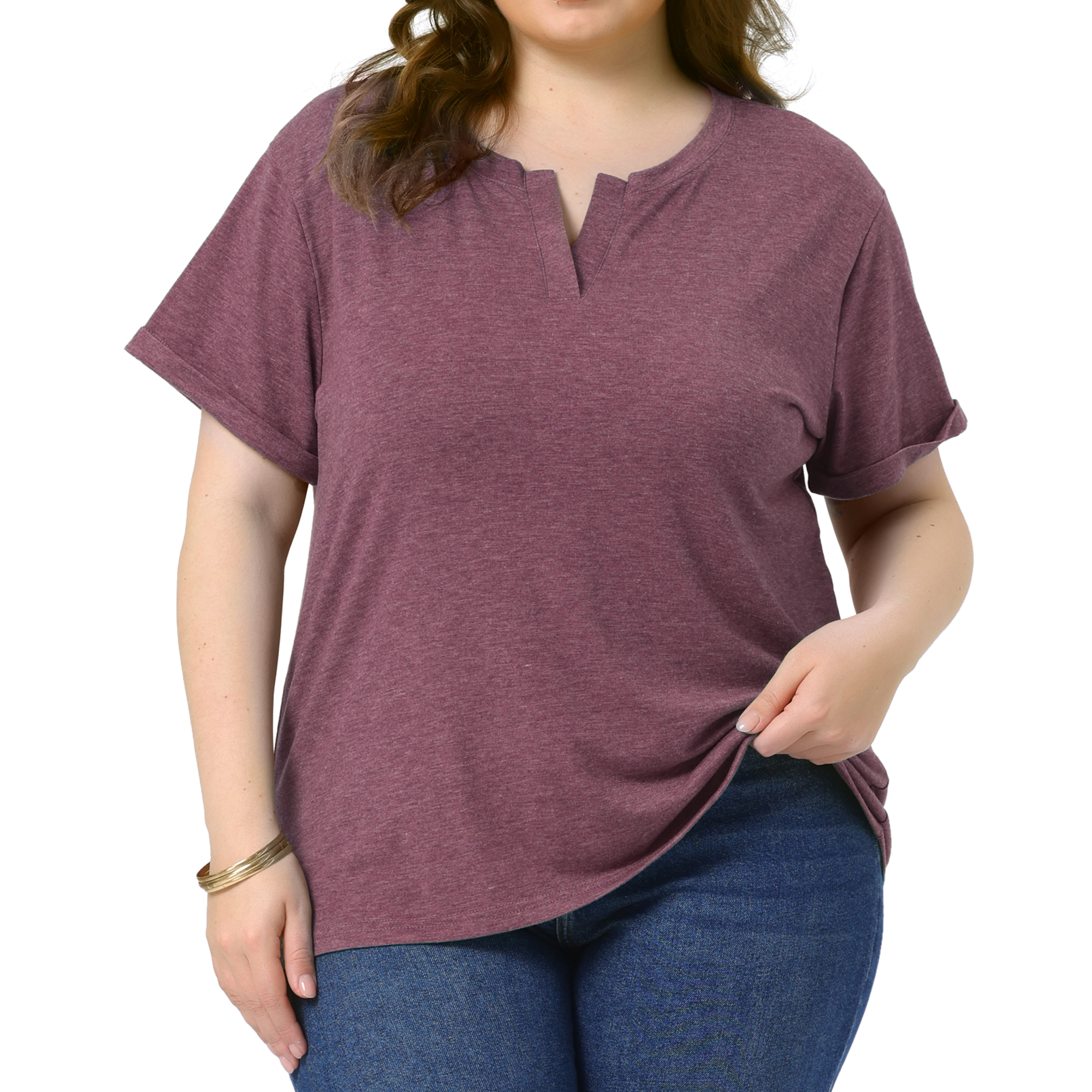 DARING DIVA Women's Plus Short Sleeve V Neck Summer Tees Burgundy 2X