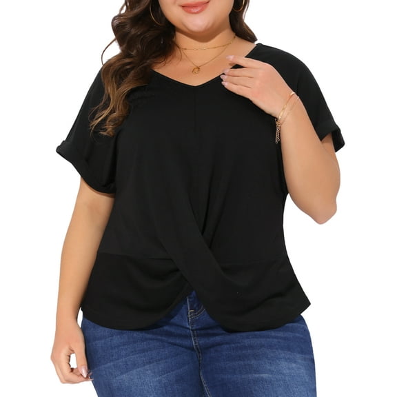 DARING DIVA Women's Plus Short Sleeve V Neck Twist Knot Blouse 1X Black