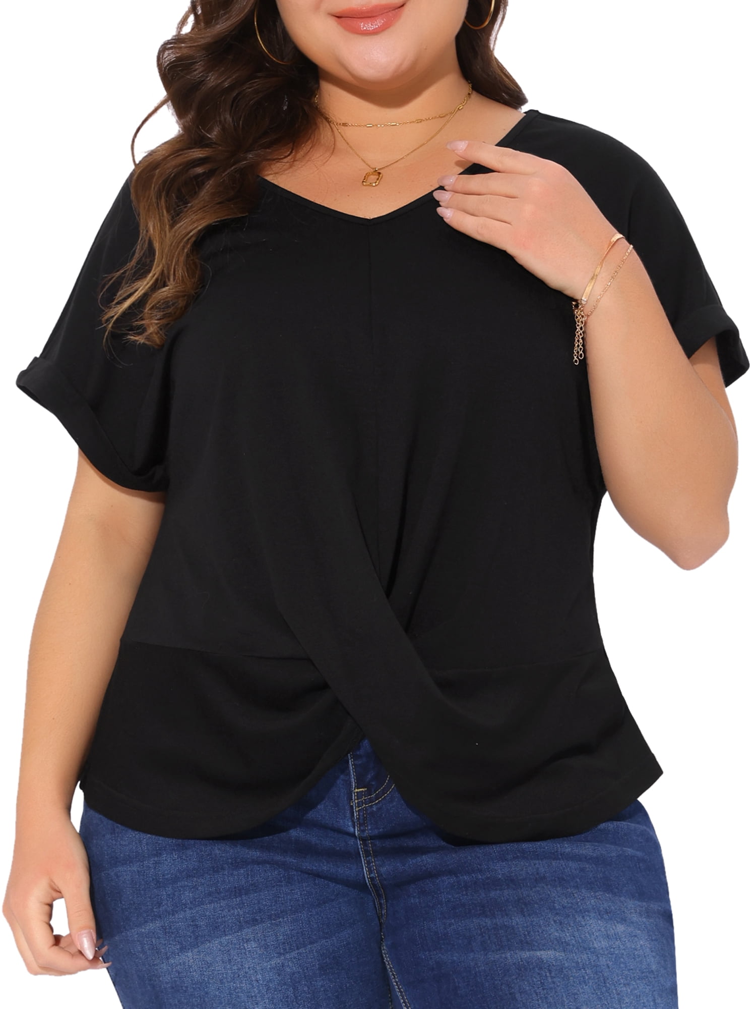 Women's Plus Top Short Sleeve V Neck Twist Knot Summer Blouses t Shirts 3X Black