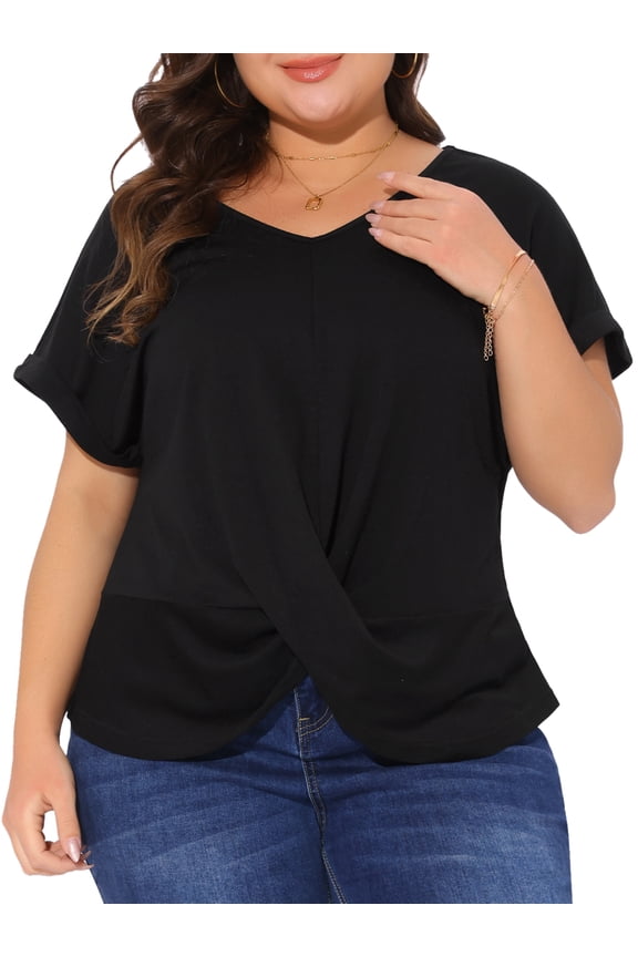 Women's Plus Short Sleeve V Neck Twist Knot Blouse 4X Black