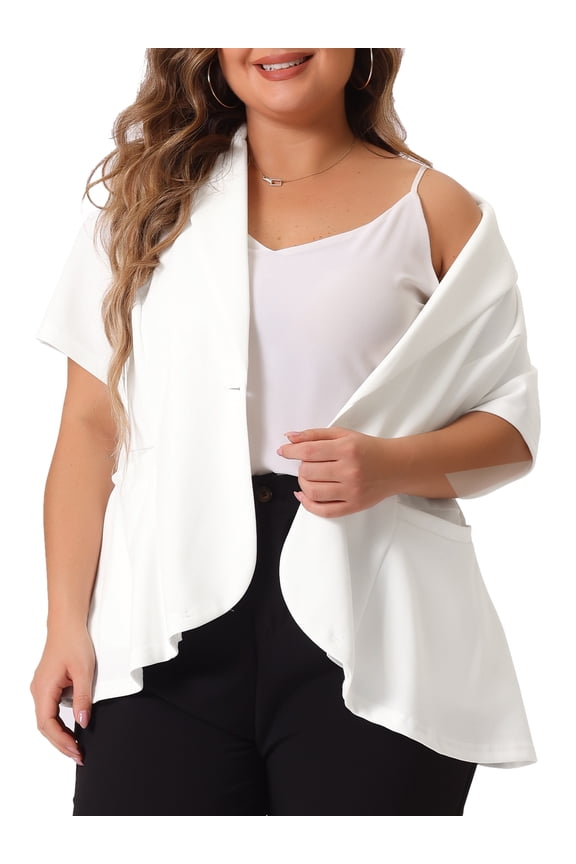 Women's Plus Short Sleeve Work Button Jacket Suit Blazers White 1X