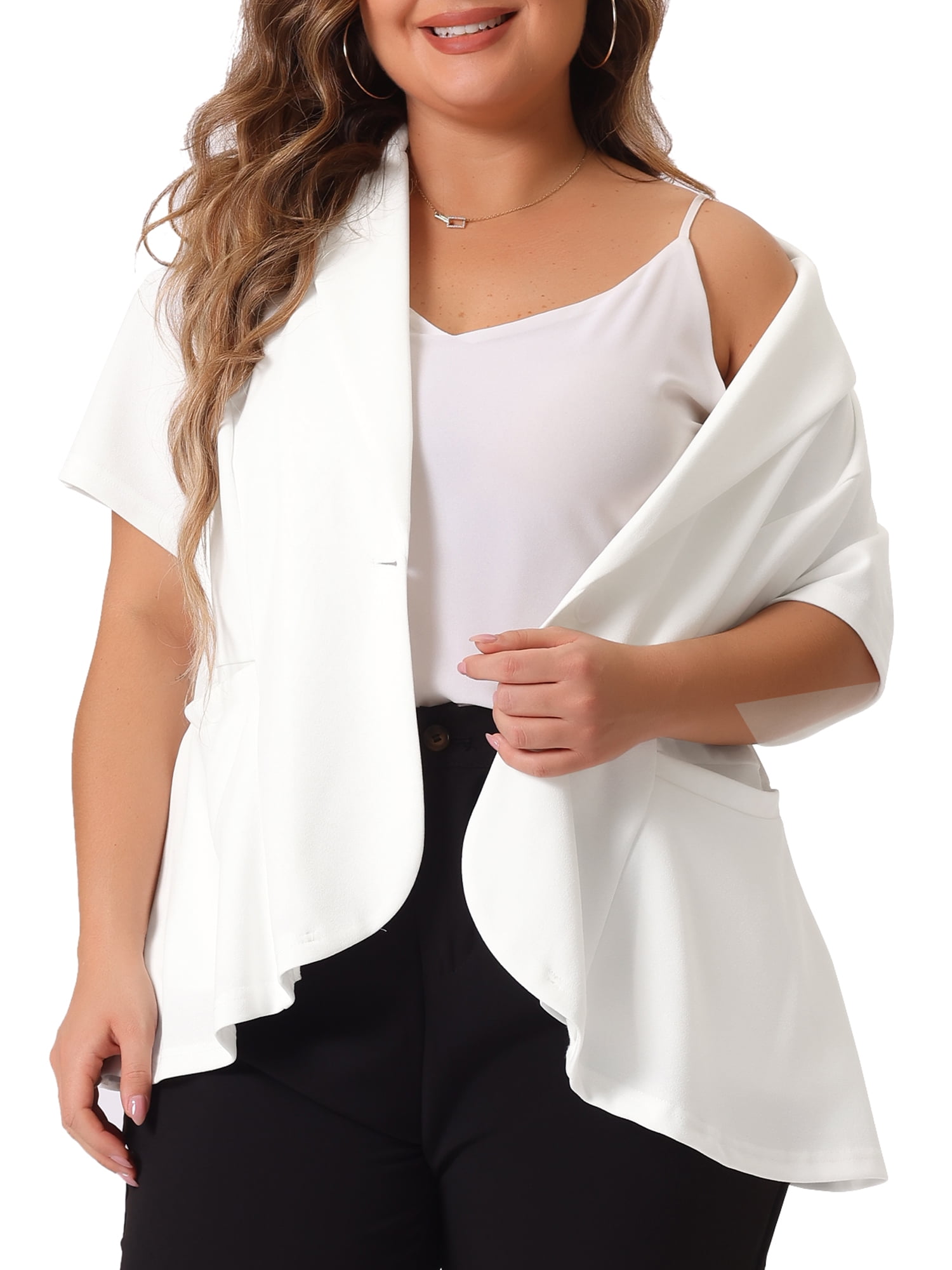 DARING DIVA Women's Plus Short Sleeve Work Button Jacket Suit Blazers White 3X
