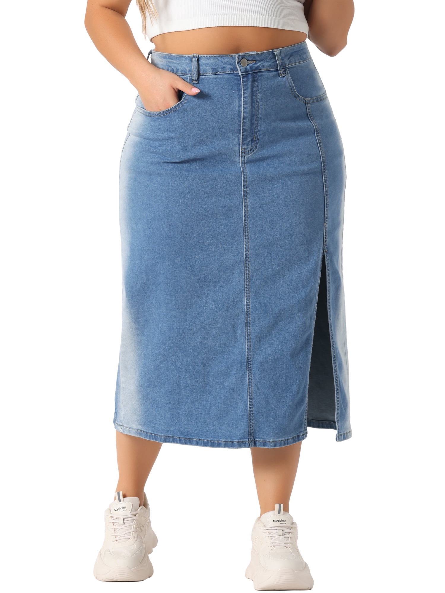 DARING DIVA Women's Plus Side Slit Button with Pocket Jean Denim Skirts 2X Light Blue