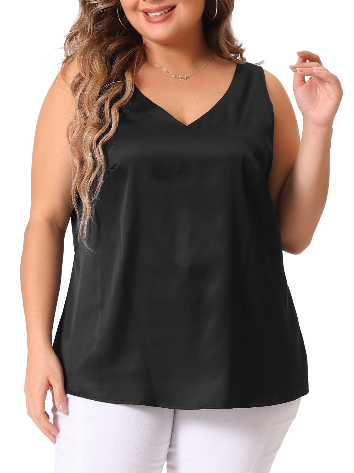 DARING DIVA Women's Plus Casual Silk Satin Tank Top V Neck Cami Blouse 1X Black