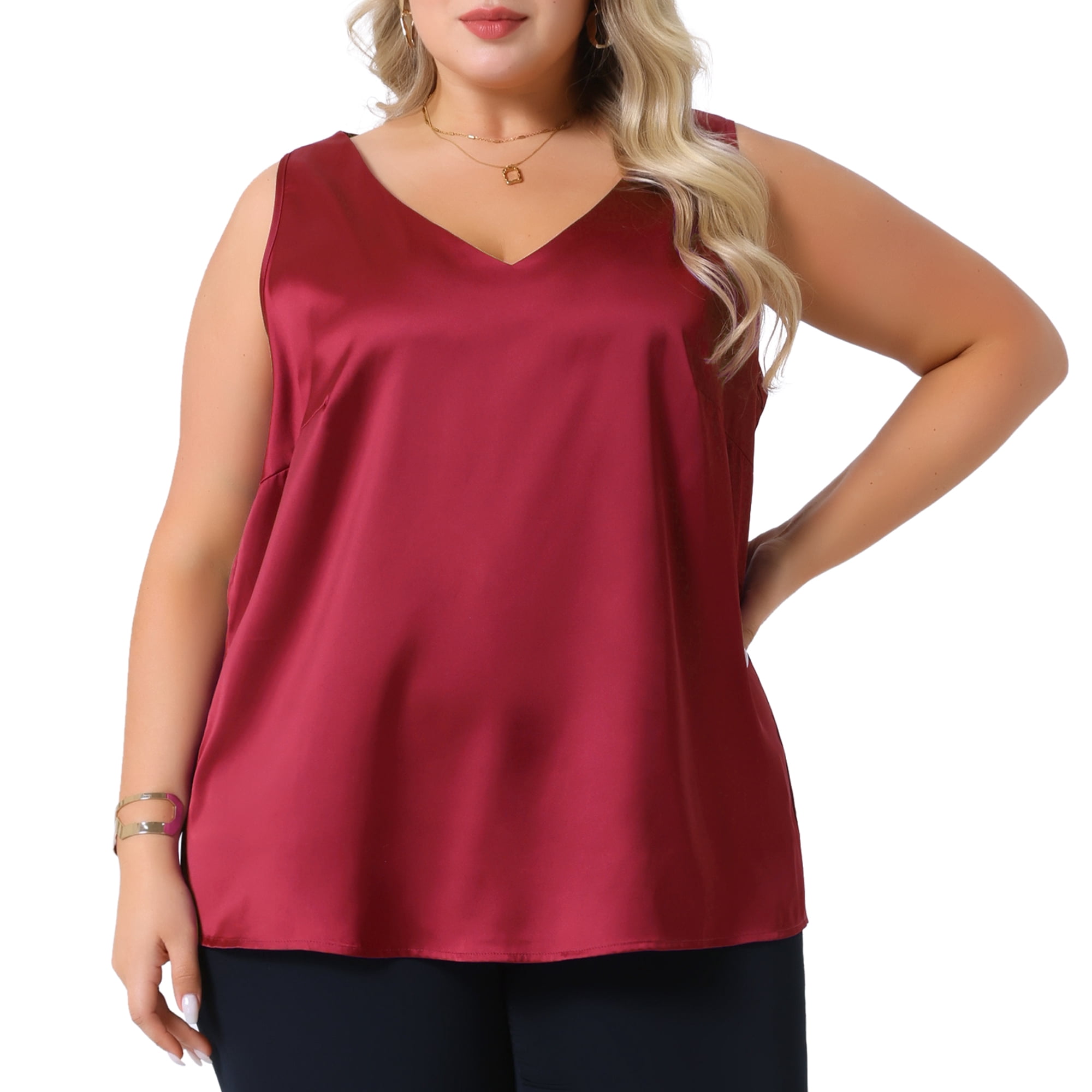 DARING DIVA Women's Plus Casual Silk Satin Tank Top V Neck Cami Blouse 1X Burgundy