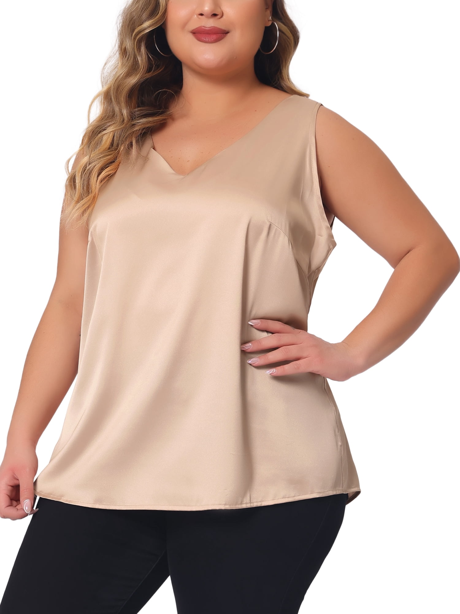 DARING DIVA Women's Plus Casual Silk Satin Tank Top V Neck Cami Blouse 1X Champagne