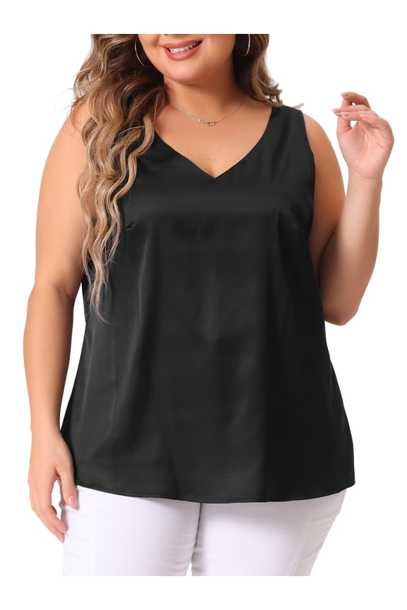 Women's Plus Silk Satin Tank Top V Neck Cami Blouse 2X Black