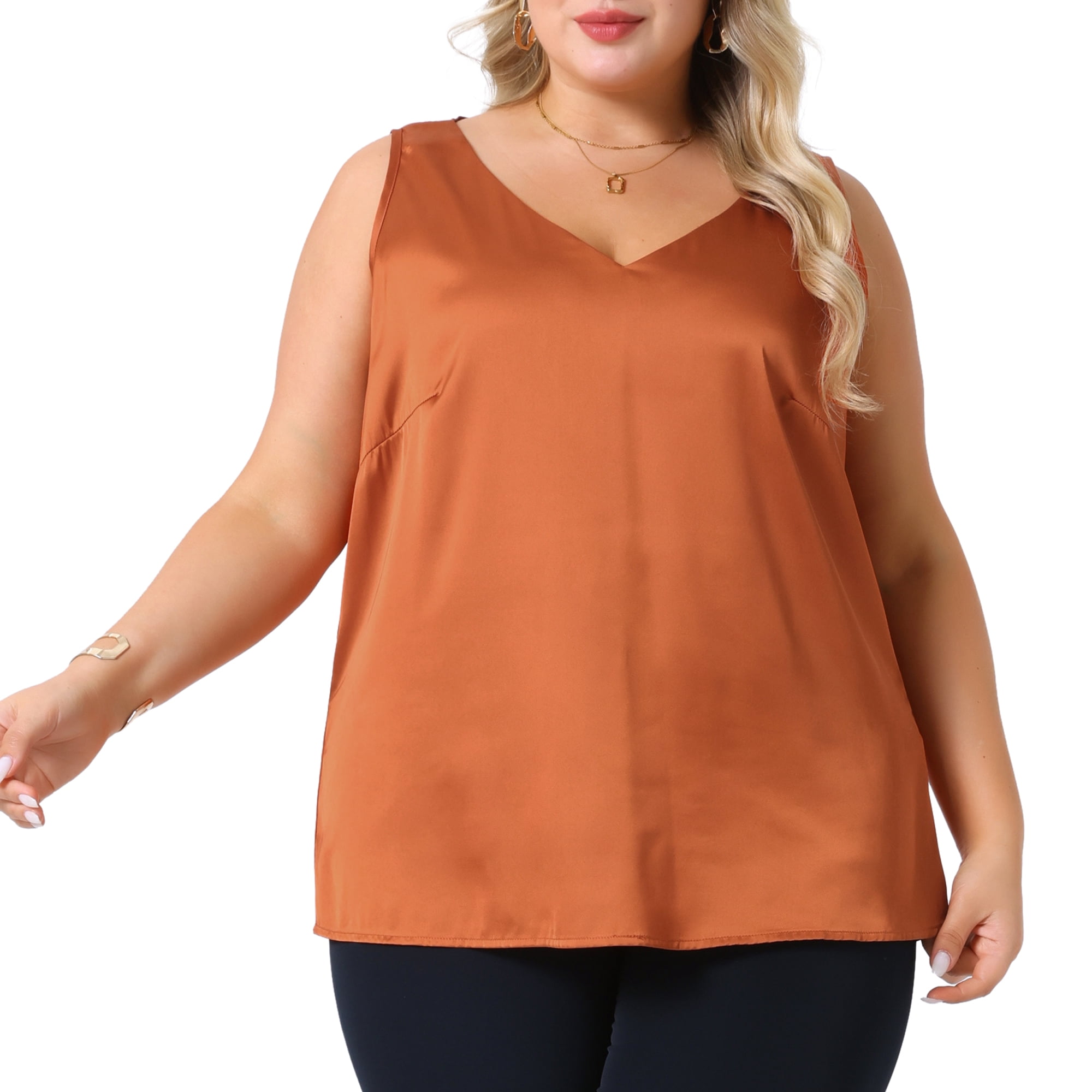 DARING DIVA Women's Plus Casual Silk Satin Tank Top V Neck Cami Blouse 2X Caramel