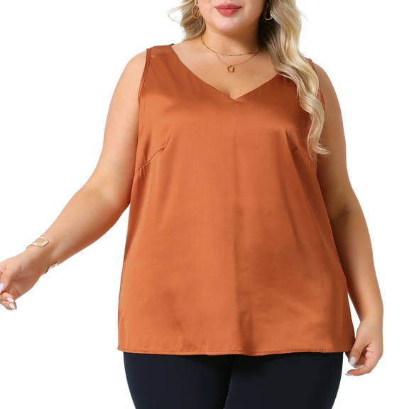 DARING DIVA Women's Plus Silk Satin Tank Top V Neck Cami Blouse 2X Caramel