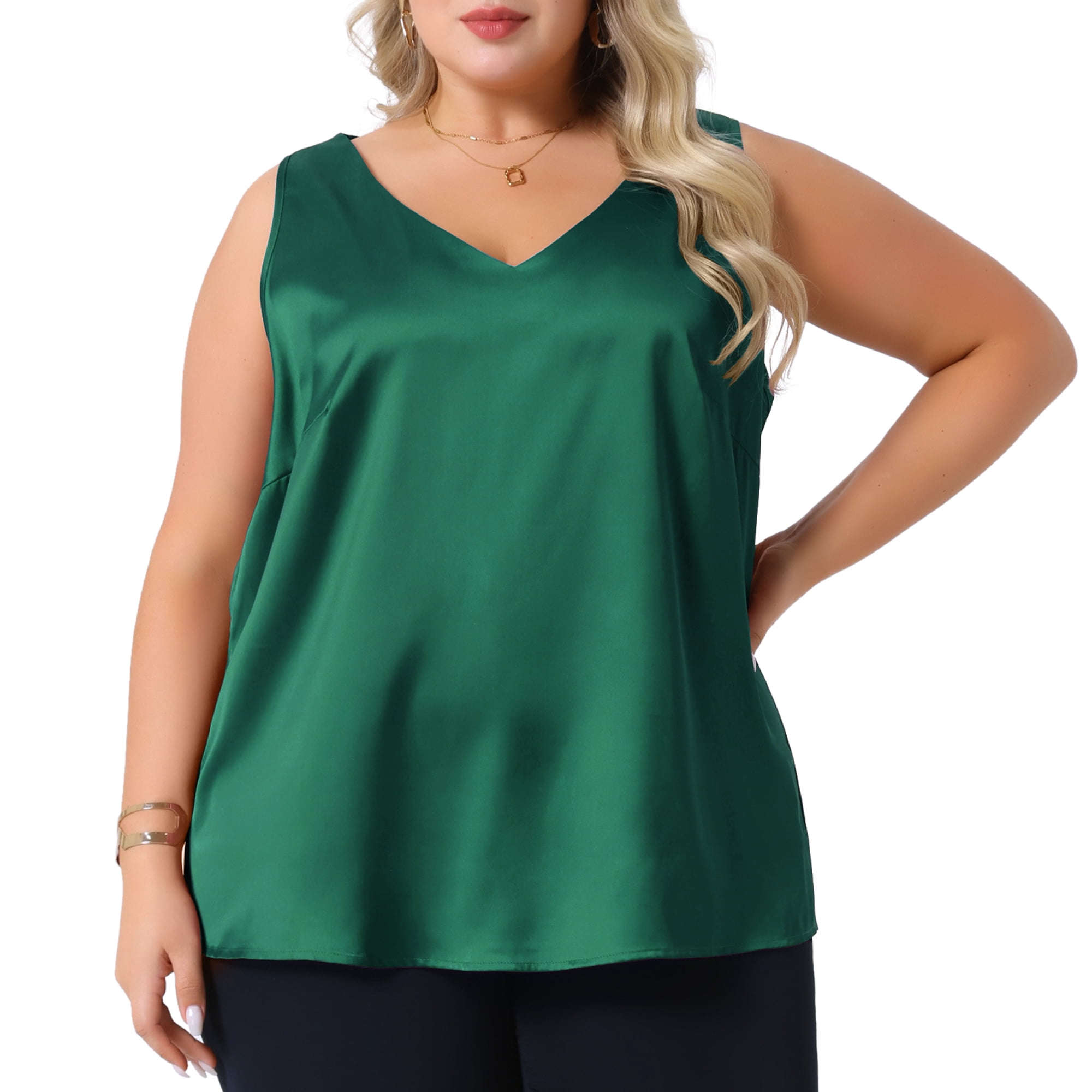DARING DIVA Women's Plus Casual Silk Satin Tank Top V Neck Cami Blouse 2X Dark Green