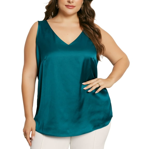 DARING DIVA Women's Plus Silk Satin Tank Top V Neck Cami Blouse 2X Peacock Blue