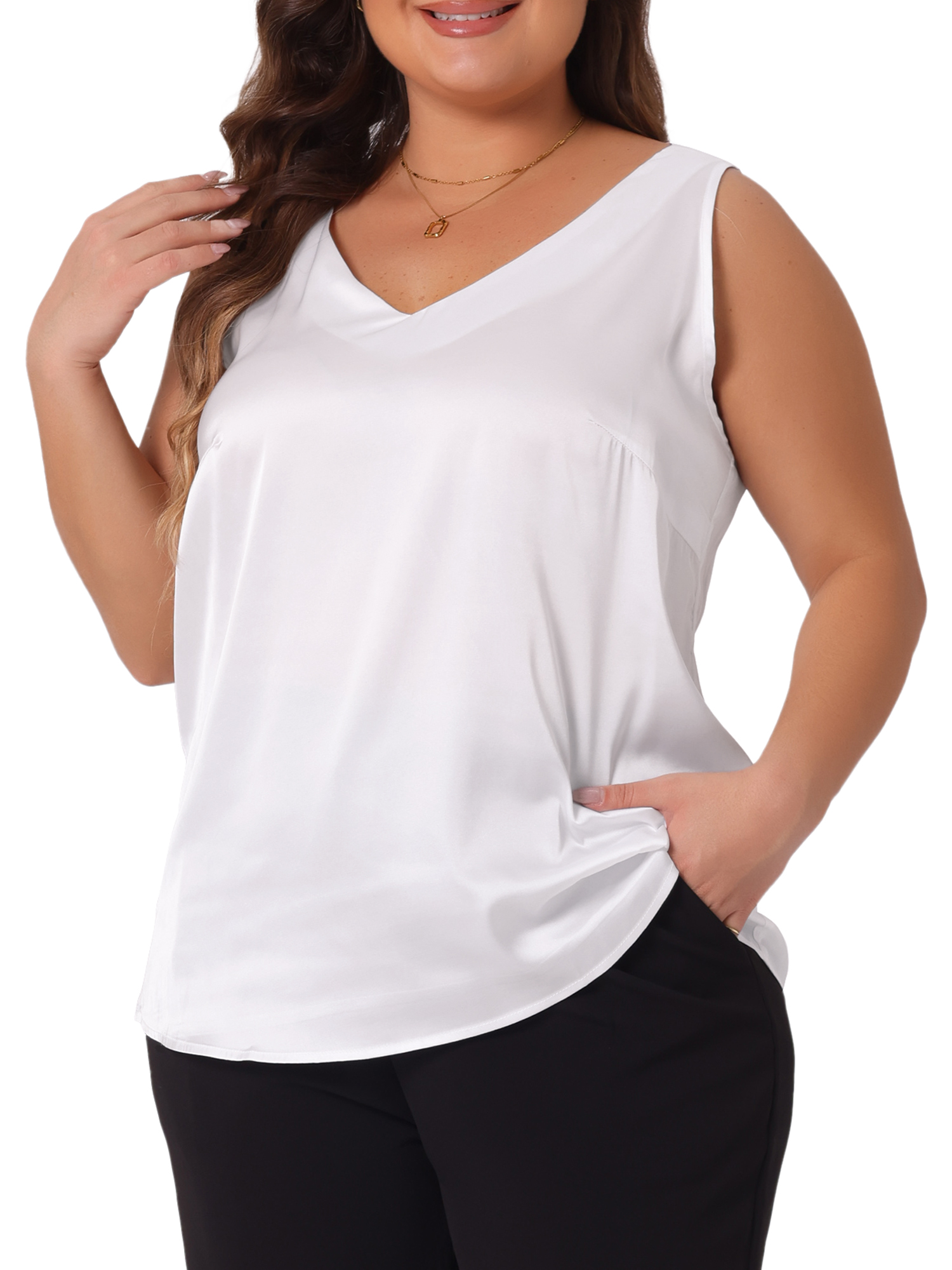 DARING DIVA Women's Plus Casual Silk Satin Tank Top V Neck Cami Blouse 2X White