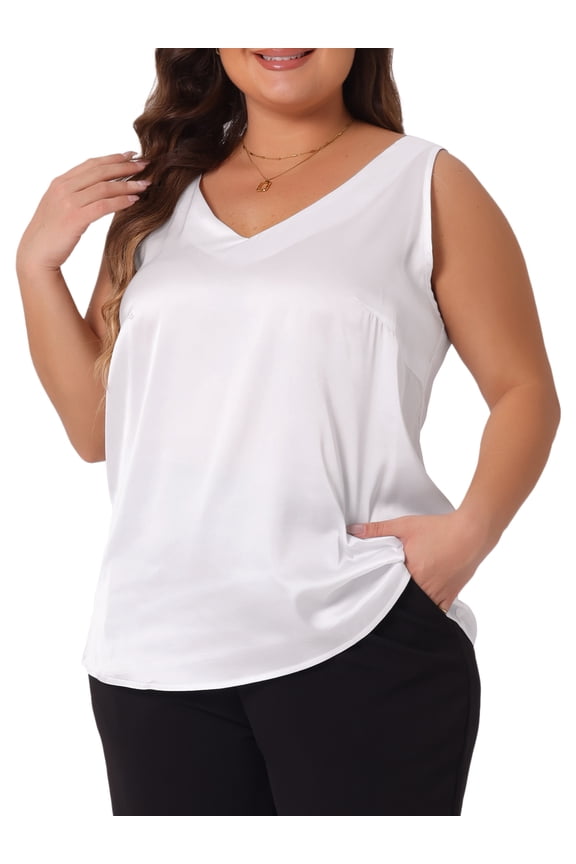 Women's Plus Silk Satin Tank Top V Neck Cami Blouse 2X White