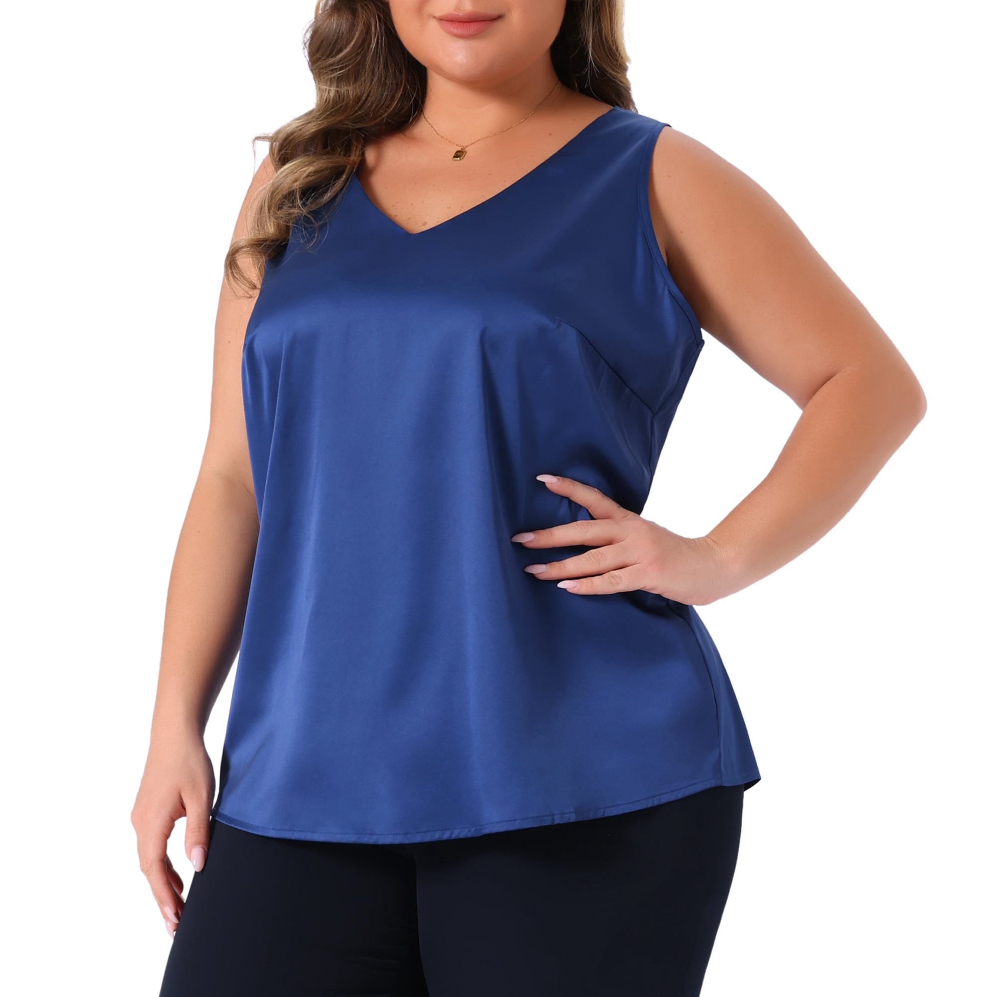 DARING DIVA Women's Plus Casual Silk Satin Tank Top V Neck Cami Blouse 4X Navy Blue