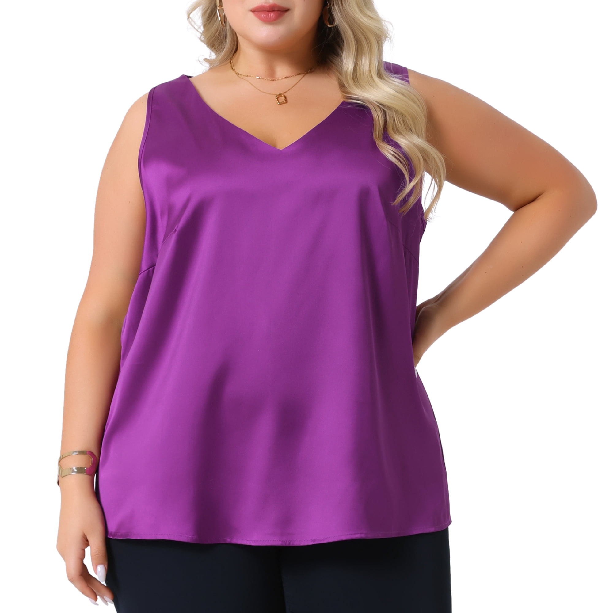 DARING DIVA Women's Plus Casual Silk Satin Tank Top V Neck Cami Blouse 4X Purple