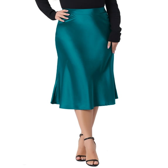 DARING DIVA Women's Plus Silky Satin Midi Skirt Flared A Line 1X Peacock Blue