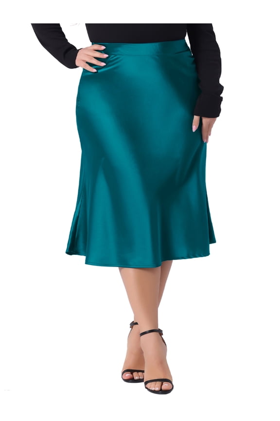 Women's Plus Silky Satin Midi Skirt Flared A Line 2X Peacock Blue