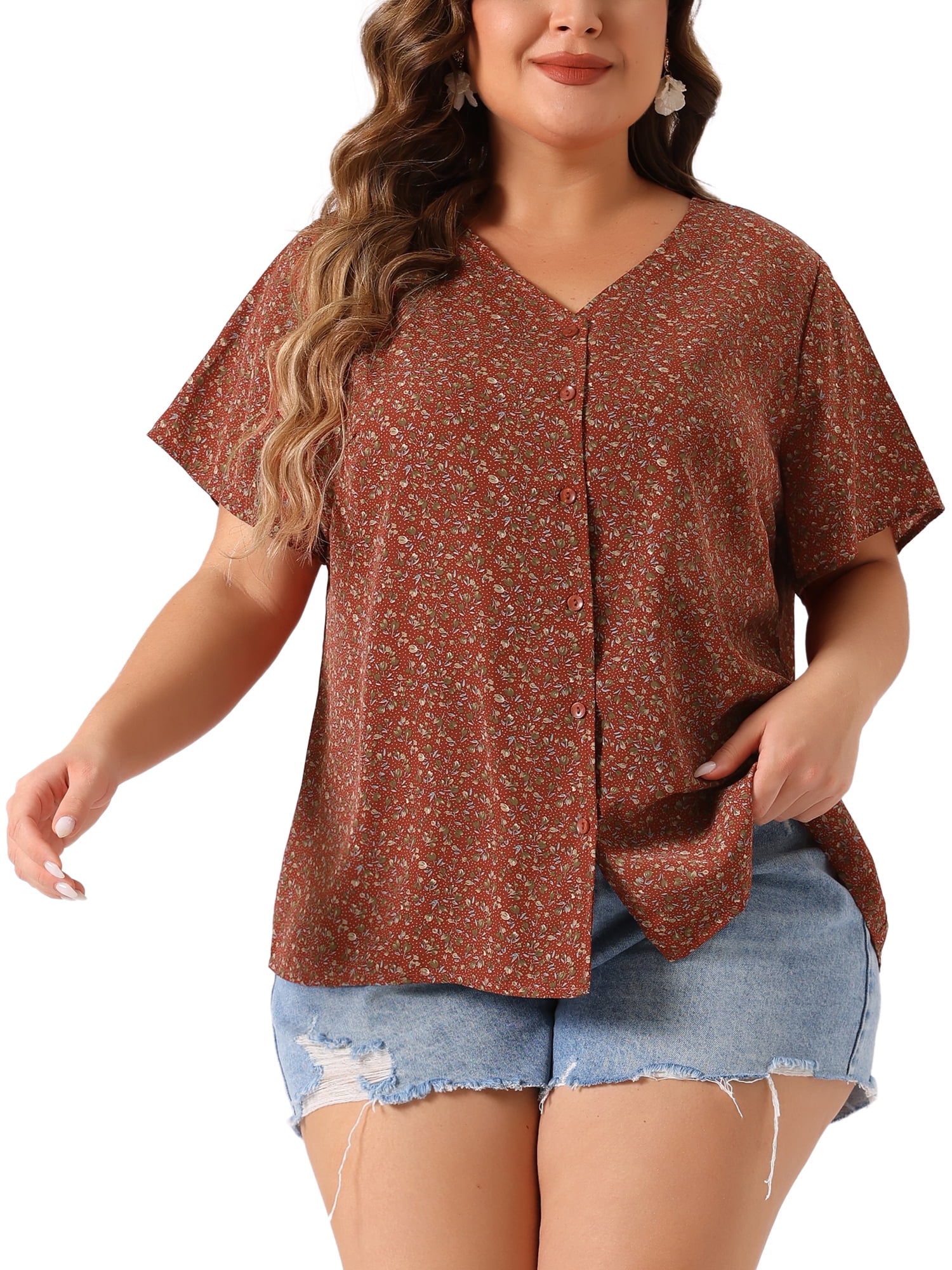 Unique Bargains Women's Plus Size V Neck Button Short Sleeve Floral Shirts 1X Red
