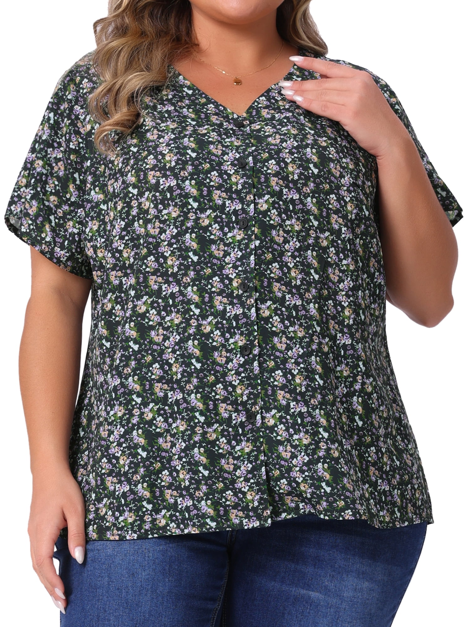 Unique Bargains Women's Plus Size V Neck Button Short Sleeve Floral Shirts 2X Black Purple
