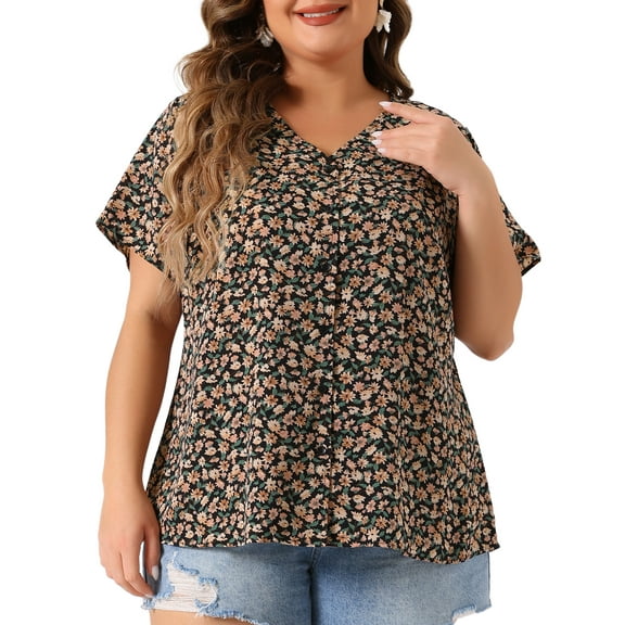 DARING DIVA Women's Plus Single Breasted Short Sleeve Floral Tops 3X Black