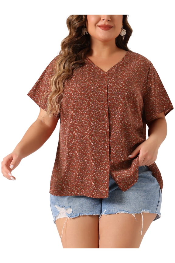 Unique Bargains Women's Plus Size V Neck Button Short Sleeve Floral Shirts 3X Red