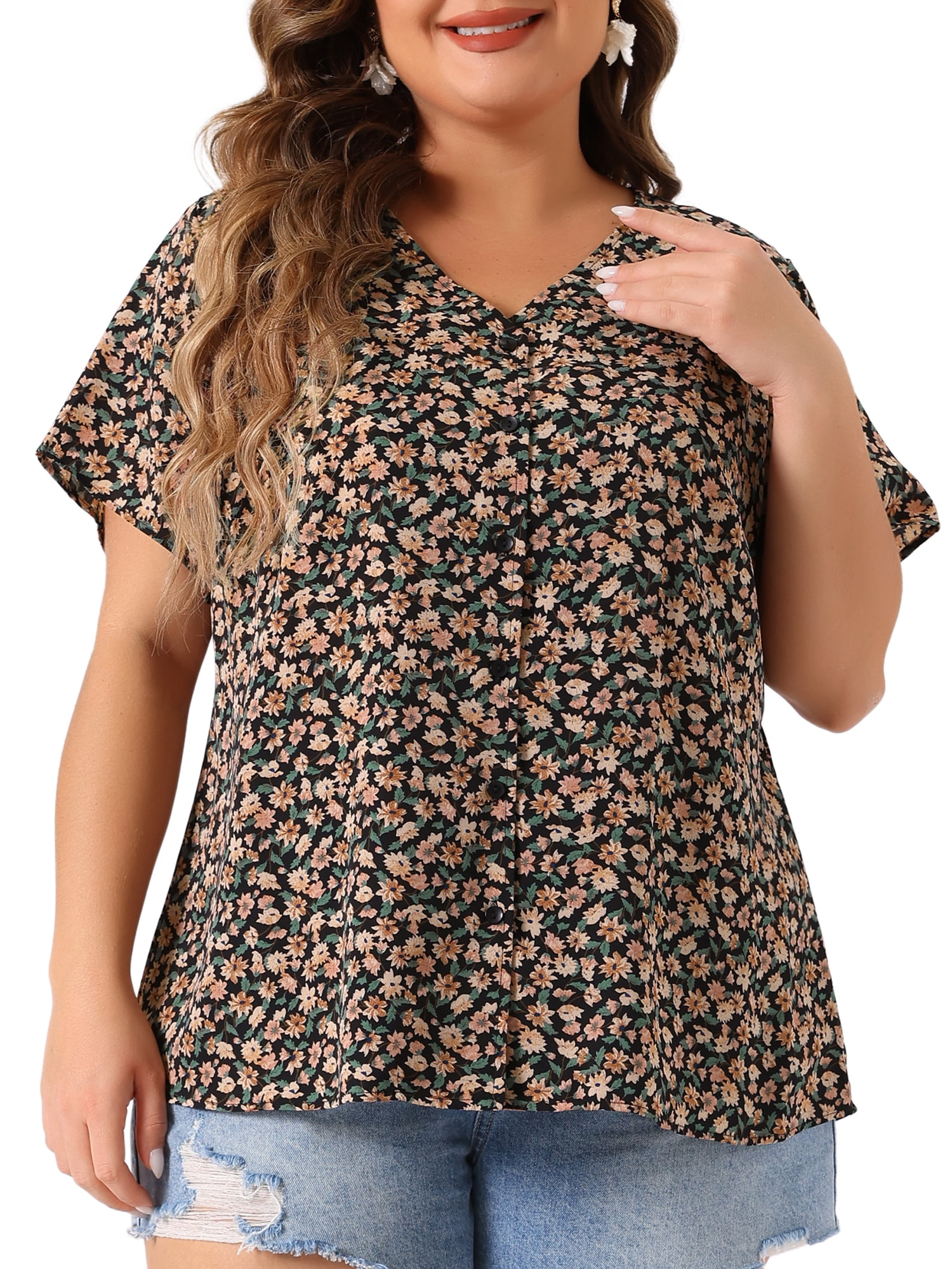 Unique Bargains Women's Plus Size V Neck Button Short Sleeve Floral Shirts 4X Black