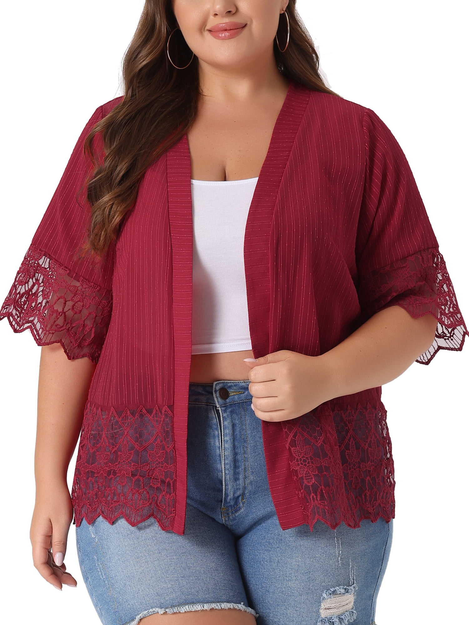 DARING DIVA Women's Plus Size 1/2 Sleeve Bohemian Kimono Cardigan 4X Burgundy