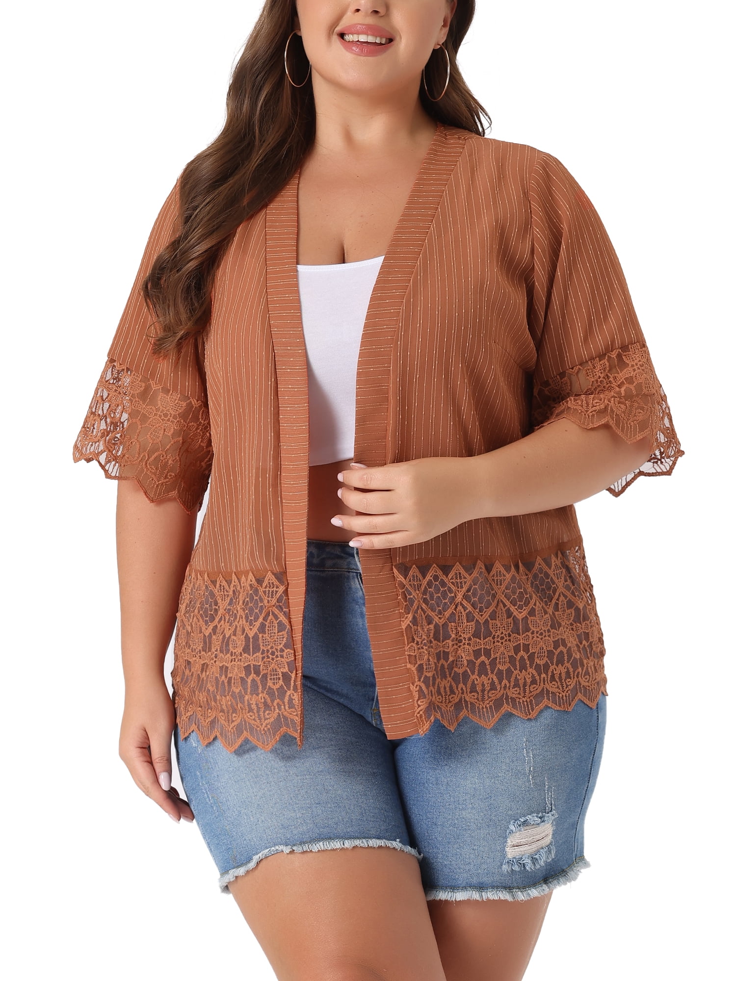 DARING DIVA Women's Plus Size 1/2 Sleeve Bohemian Kimono Cardigan 4X Orange Brown